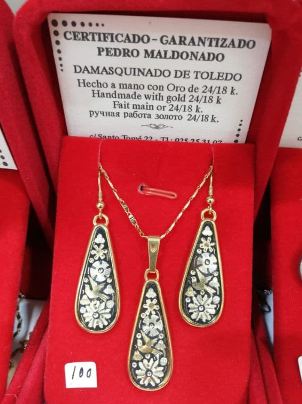 Colgante y Pendientes Oro 24k Hecho a mano Damasquinado