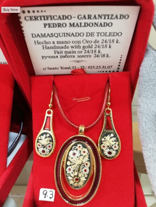 Colgante y Pendientes Oro con bisutería roja. Hecho a mano Damasquinado 1