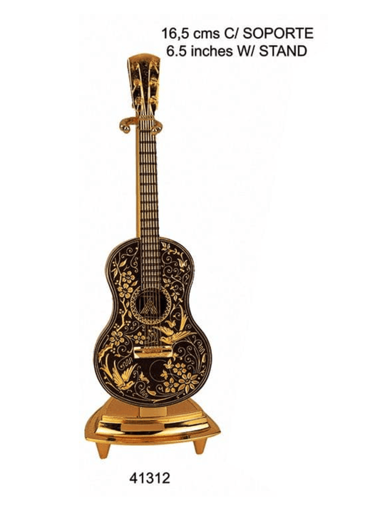 GUITARRA DORADA, con soporte metálico, y damasquinado de Toledo en oro. Ref: 41312