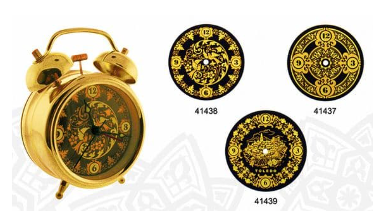 RELOJ DESPERTADOR, modelo Q877G con 3 modelos de esfera damasquinado en oro.