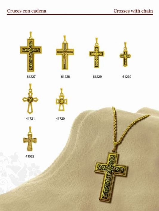 CRUCES CON CADENA, con damasquinado en oro