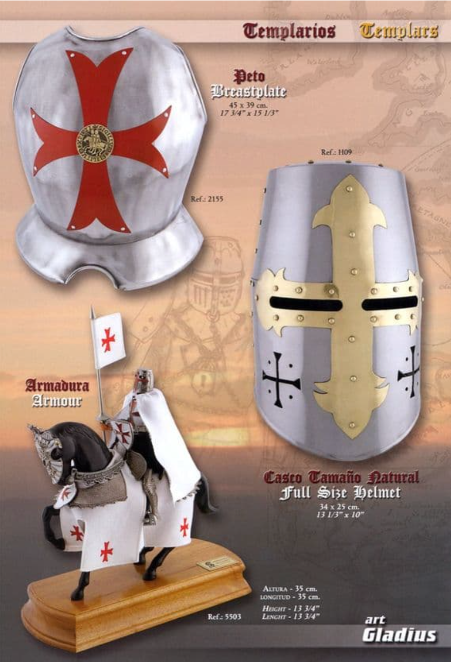 CASCO, PETO, Y FIGURA CABALLEROS TEMPLARIOS