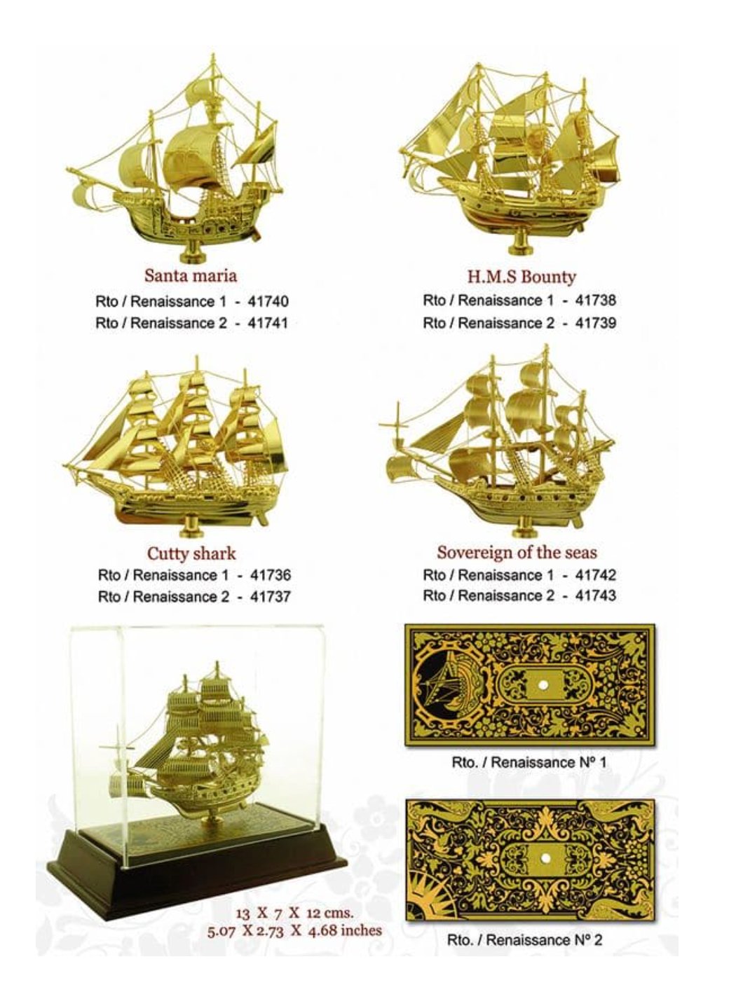 BARCOS HISTÓRICOS, damasquinados en oro, en vitrina y con peana - El Arte de Toledo